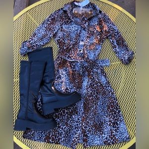 Cheetah print button up dress w/ cheetah print belt.